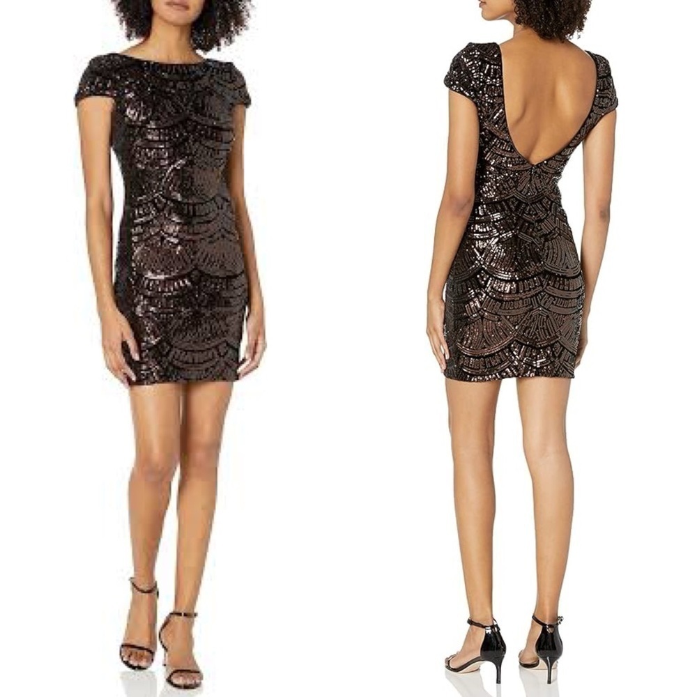 DRESS THE POPULATION TABITHA BRONZE ART DECO SEQUIN CAP SLEEVE SHEATH DRESS